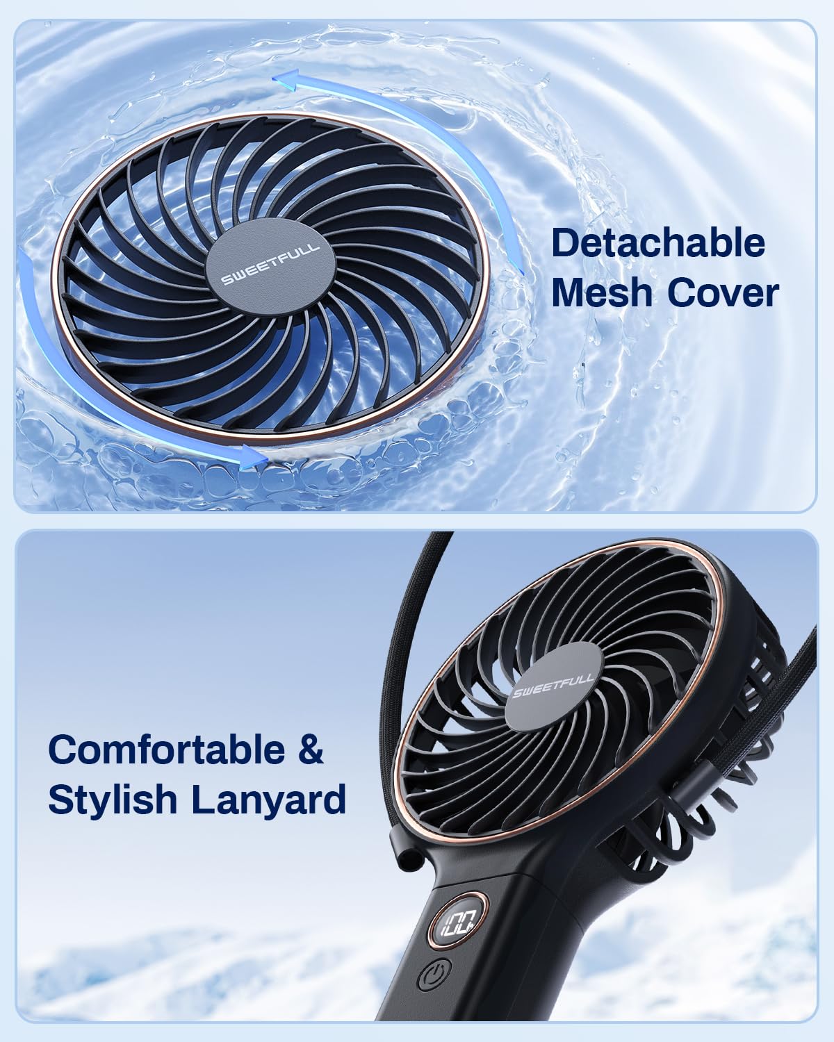 SWEETFULL Handheld Portable Fan, Rechargeable Battery, 6 Speed Wind, LED Digital Display