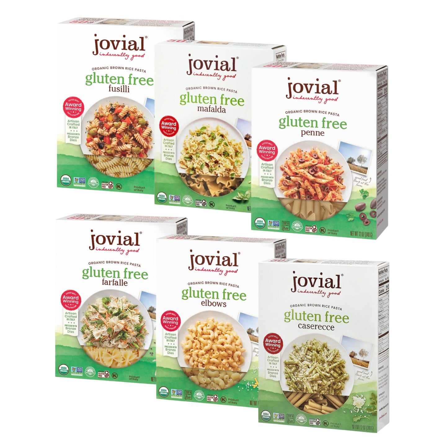 Jovial Whole Grain Brown Rice Pasta Variety Pack (Mafalda, Farfalle, Elbows, Fusilli, Casarecce, Penne), 12 Oz, 6 Pack