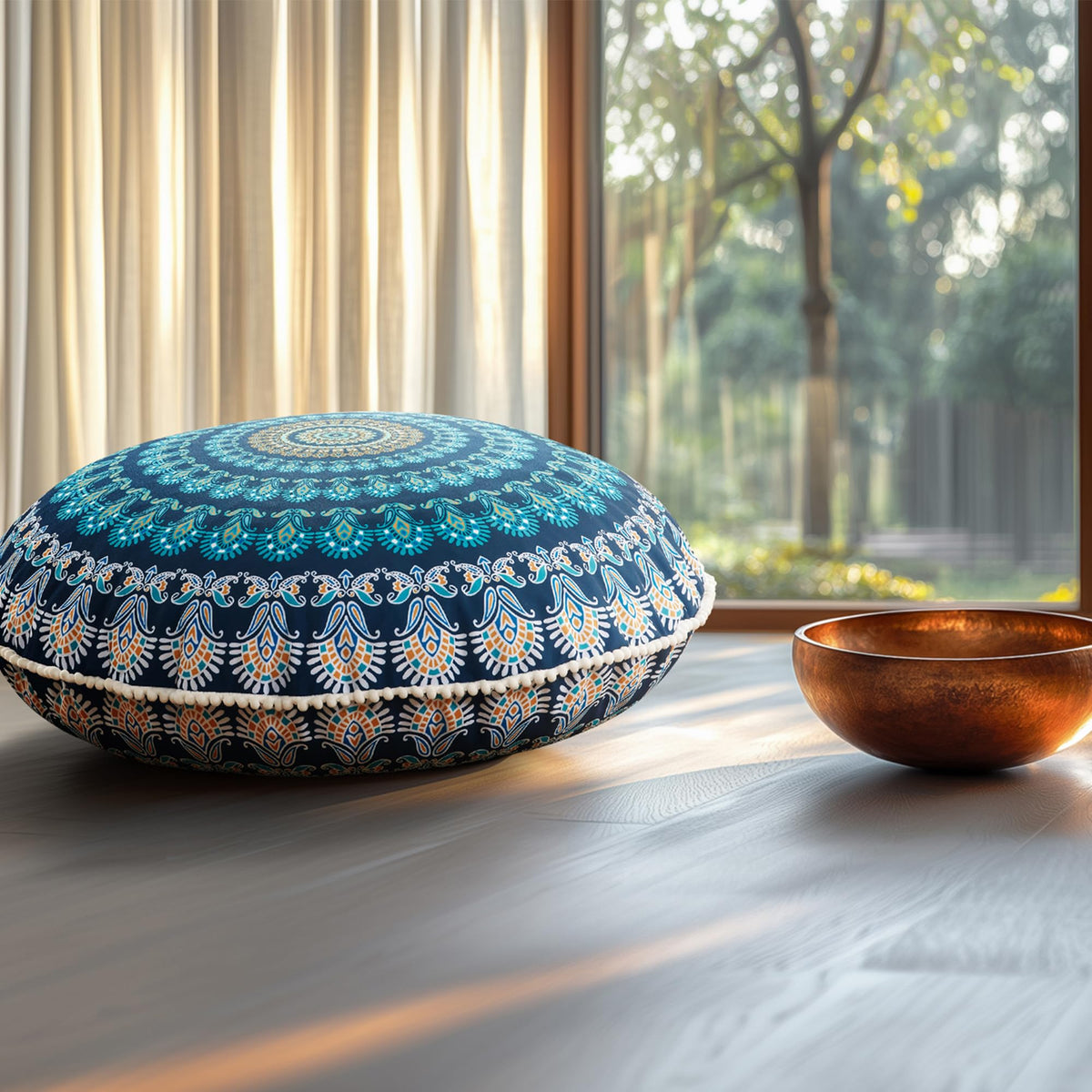 Codi Meditation Floor Pillow Set of 2, Bohemian Mandala Circle Cushion, 32 Inch, Memory Foam Added, Navy