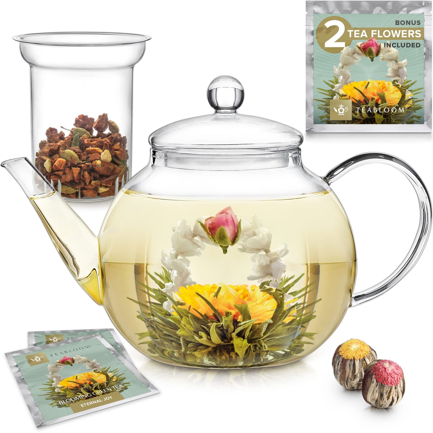 Teabloom Stovetop & Microwave Safe Glass Teapot with Removable Loose Tea Glass Infuser