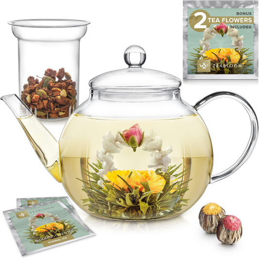 Teabloom Stovetop & Microwave Safe Glass Teapot with Removable Loose Tea Glass Infuser
