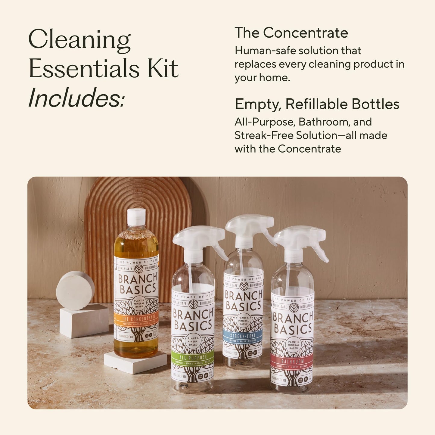 Branch Basics Cleaning Essentials Kit: All Purpose Spray, Glass Cleaner, and Bathroom Cleaner