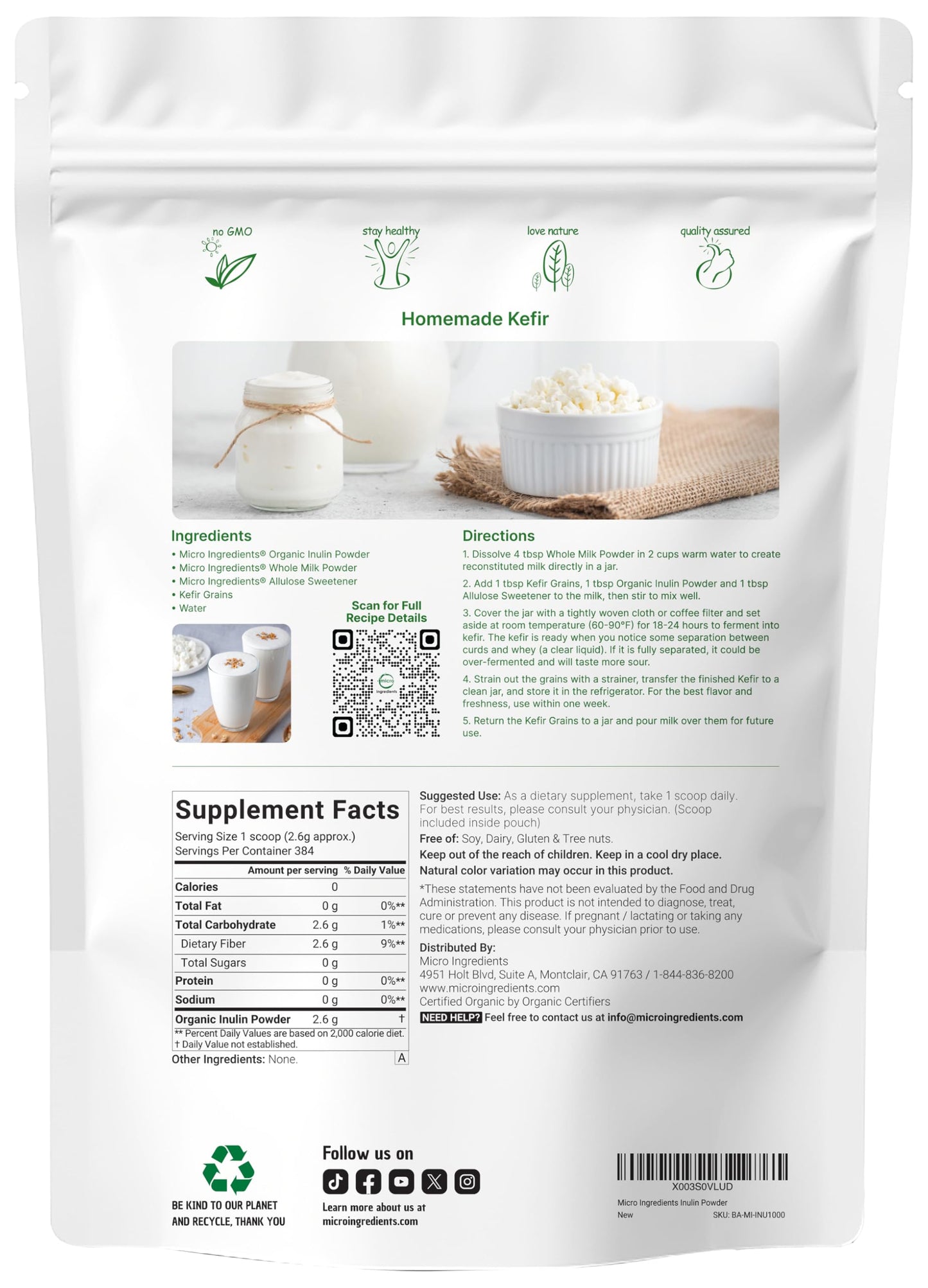 Micro Ingredients Organic Inulin FOS Fiber Powder, 2.2 lb | Quick Water-Soluble Prebiotic for Intestinal & Colon Health | Natural Fiber for Smoothies & Drinks | Vegan Friendly