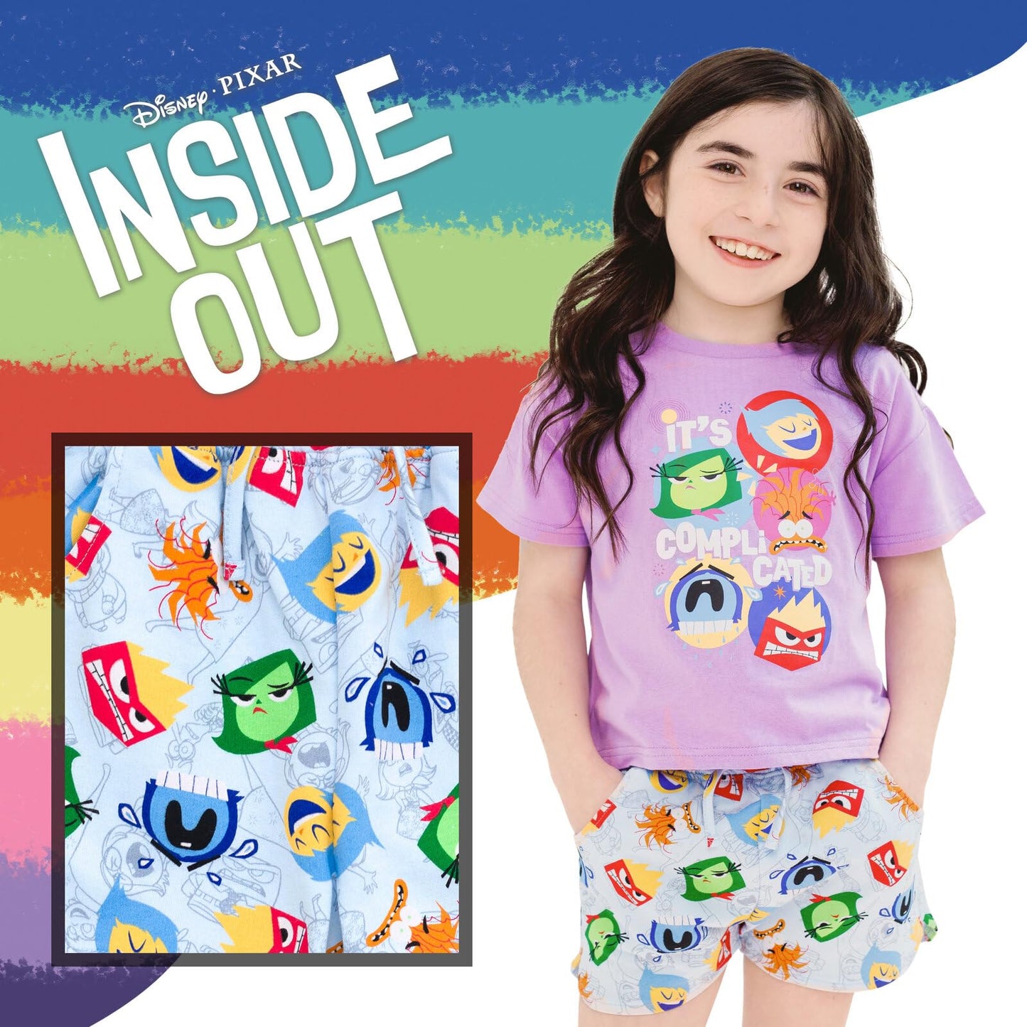 Disney Inside Out Big Girls T-Shirt and French Terry Shorts Outfit Set Lavender/Blue Inside Out 10-12