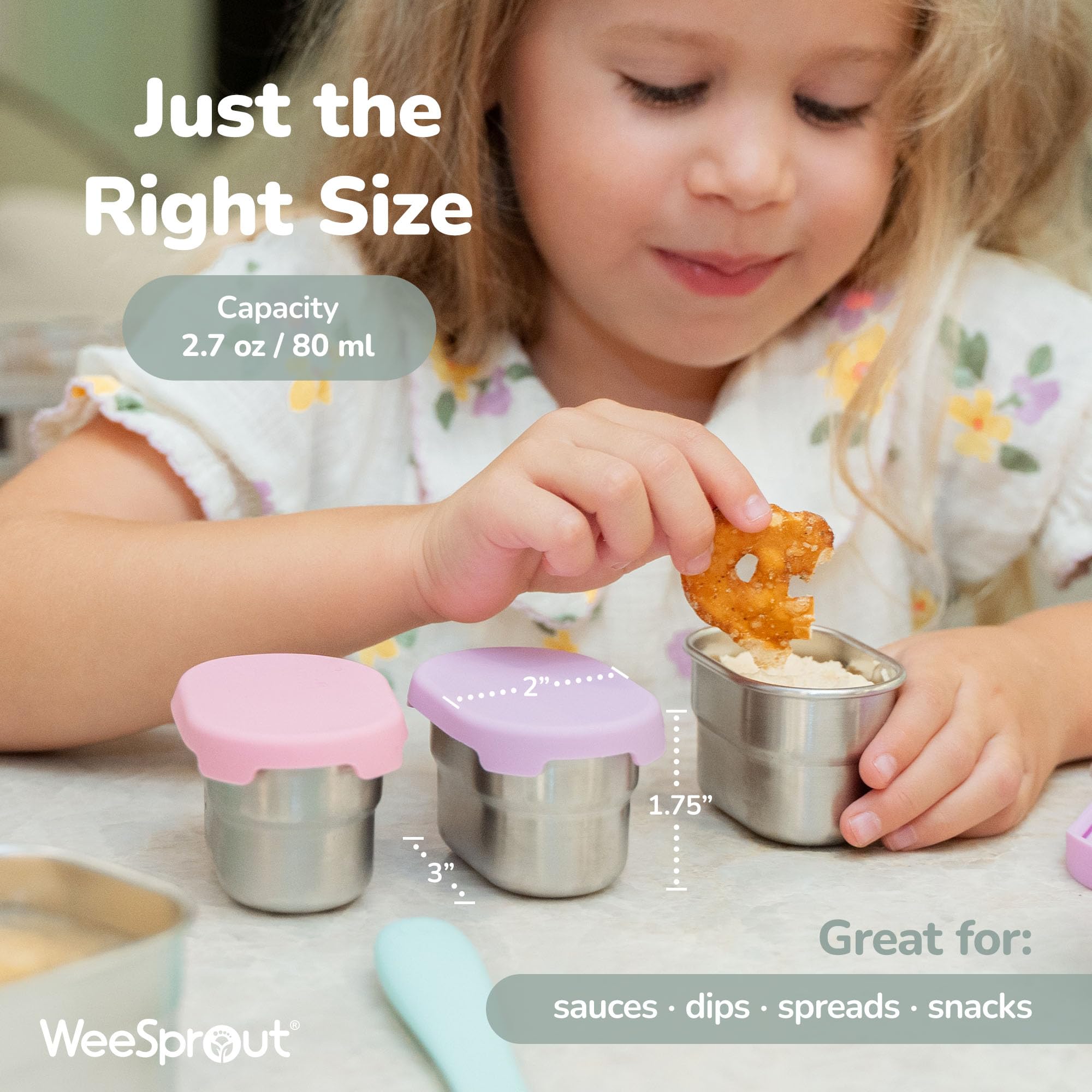 WeeSprout Stainless Steel Dip Containers with Leakproof Silicone Lids - 3 Pack - 2.7 Oz Reusable Snack & Sauce Cups - BPA-Free, Dishwasher & Freezer Safe Bento Box Lunch Boxes & Meal Prep Accessories