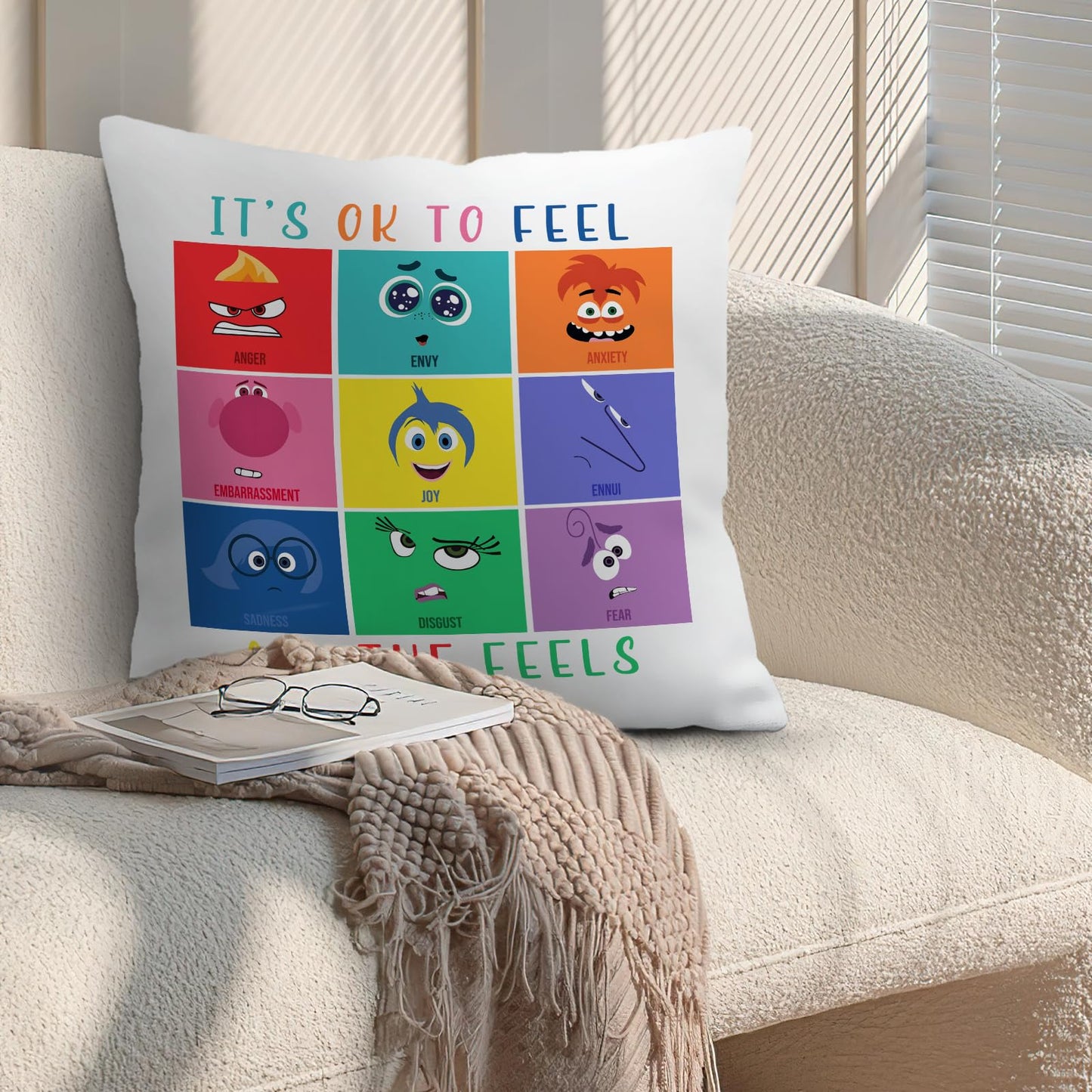 Inside Out 2 Pillow Cover Joy Anger Anxiety Fear Envy Sadness Velvet Throw Pillowcase for Home Bedroom Sofa Office Decor Gift for Child 18"x18"