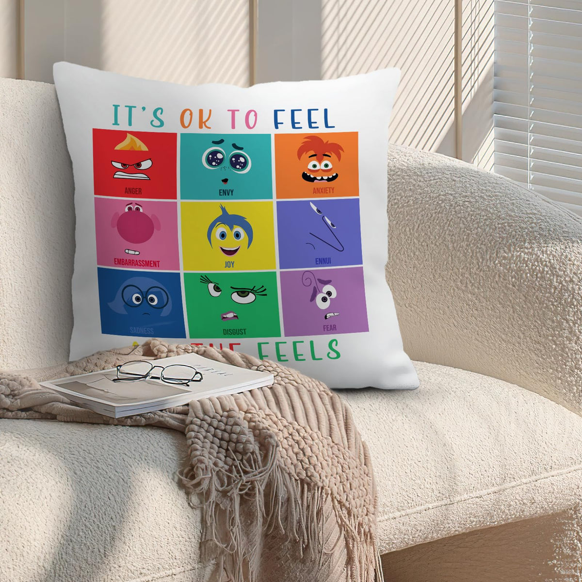 Inside Out 2 Pillow Cover Joy Anger Anxiety Fear Envy Sadness Velvet Throw Pillowcase for Home Bedroom Sofa Office Decor Gift for Child 18"x18"