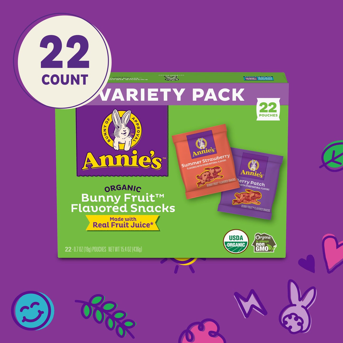 Annie's Organic Bunny Fruit Snacks, Variety Pack, Gluten Free Snack, 22 ct, 15.4 oz