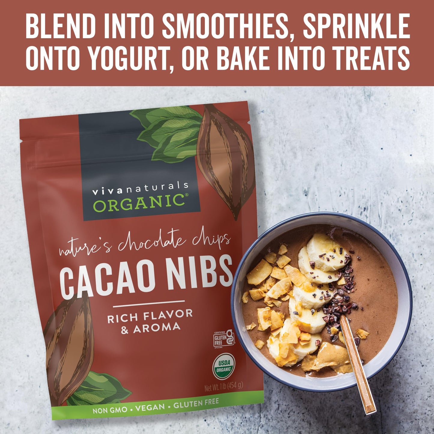 Viva Naturals Organic Cacao Nibs, 1 Lb - Certified Keto and Vegan Superfood