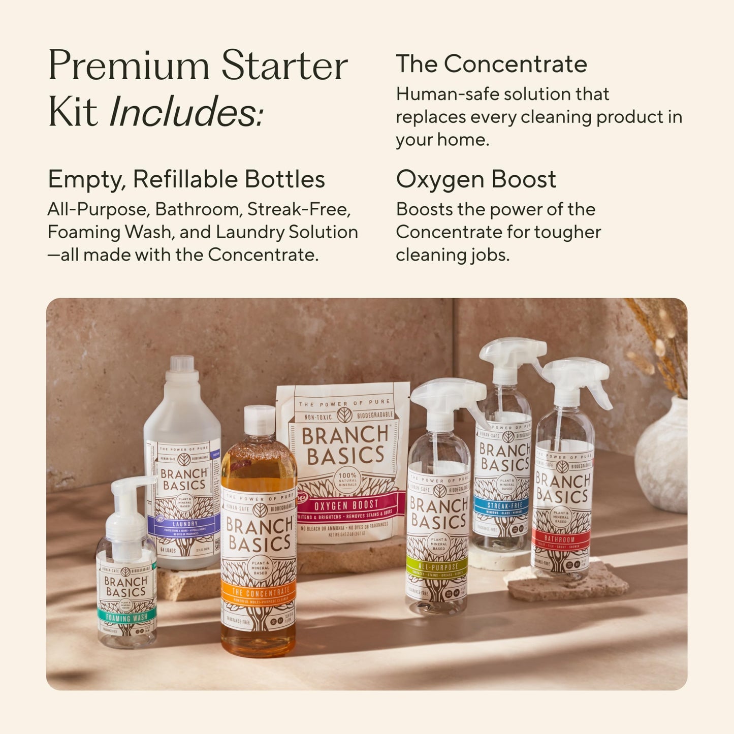Branch Basics Premium Starter Kit: All Purpose, Glass, and Bathroom Cleaner plus our Foaming Wash, and Laundry Bottle