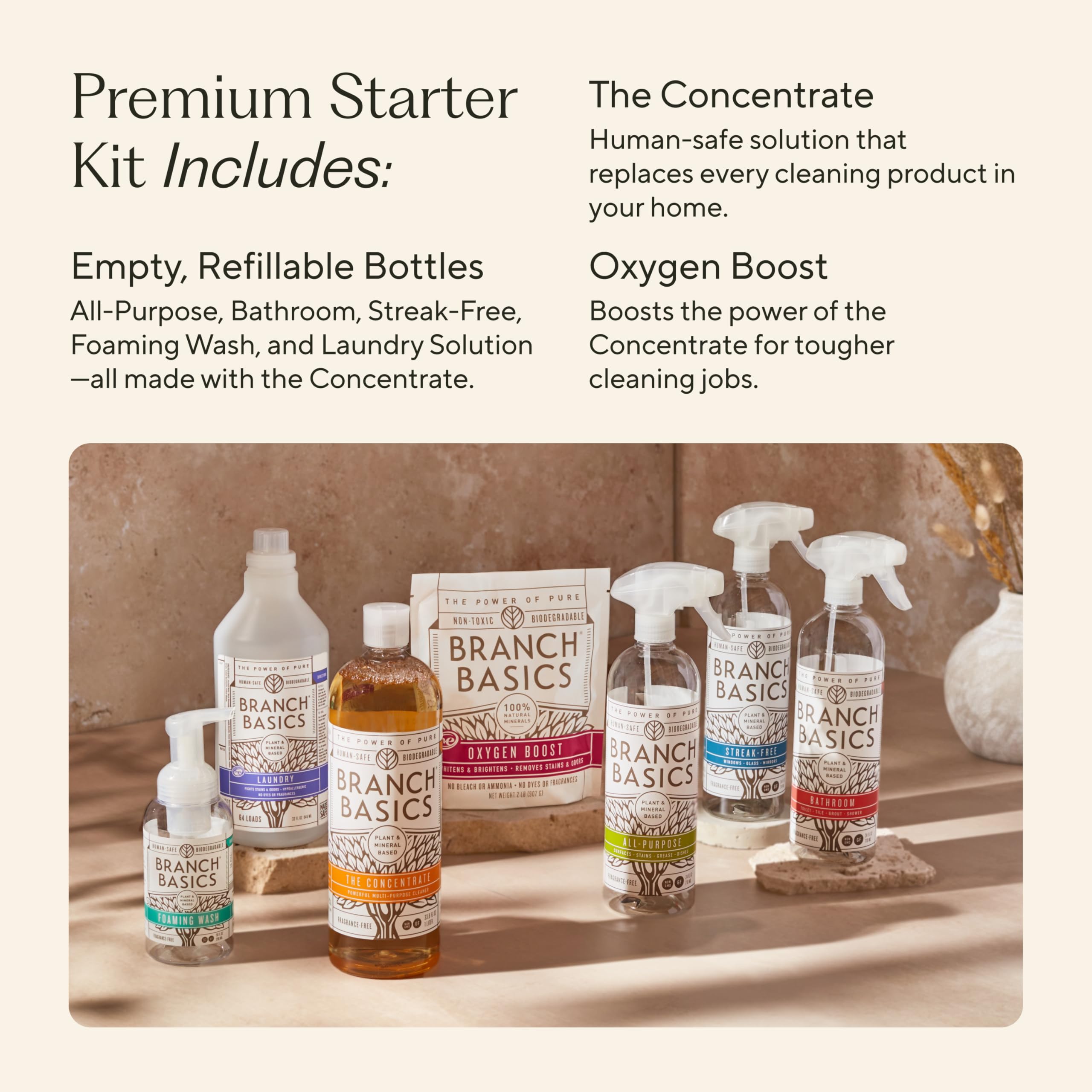 Branch Basics Premium Starter Kit: All Purpose, Glass, and Bathroom Cleaner plus our Foaming Wash, and Laundry Bottle