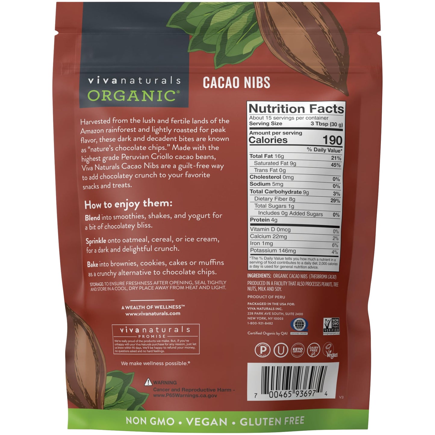 Viva Naturals Organic Cacao Nibs, 1 Lb - Certified Keto and Vegan Superfood