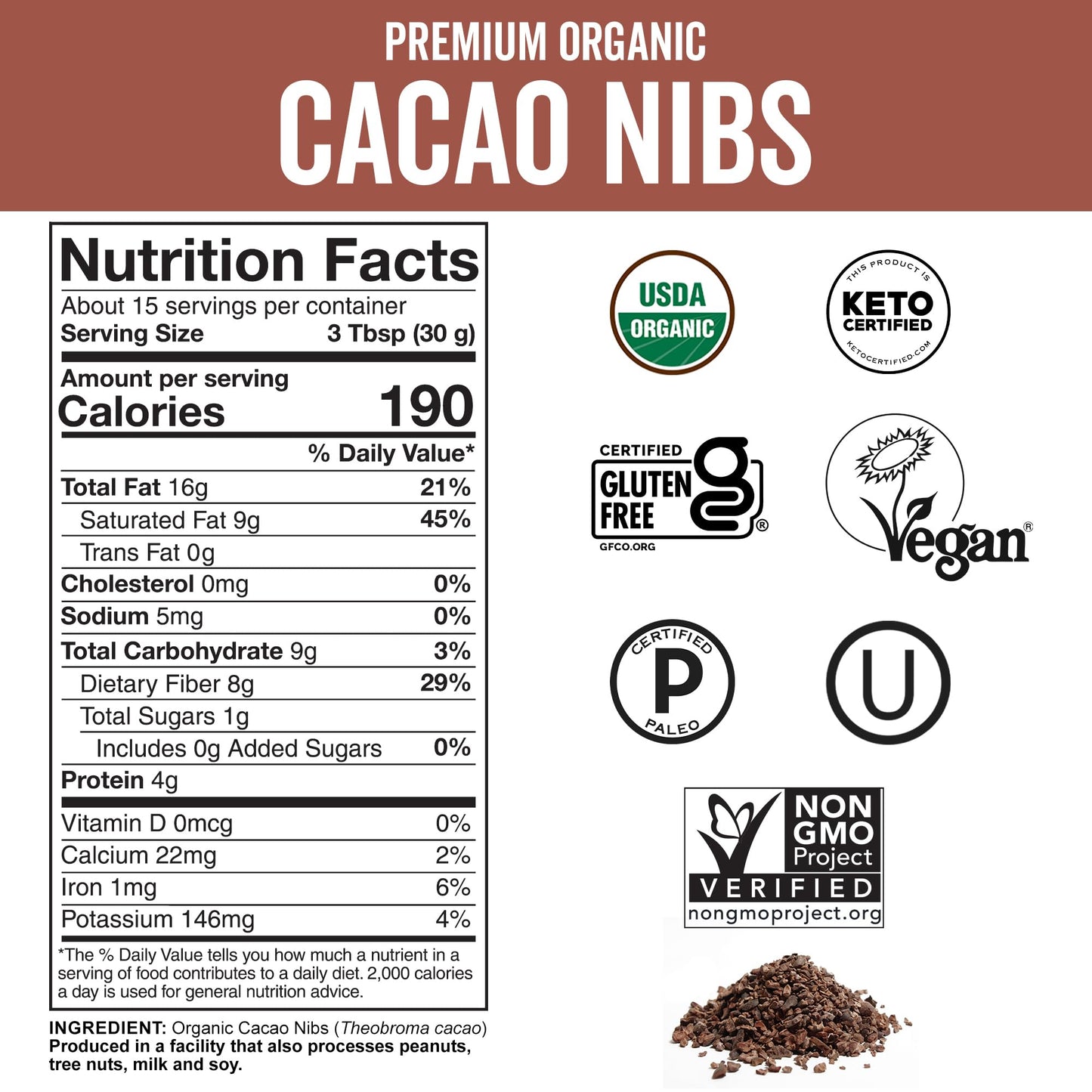 Viva Naturals Organic Cacao Nibs, 1 Lb - Certified Keto and Vegan Superfood