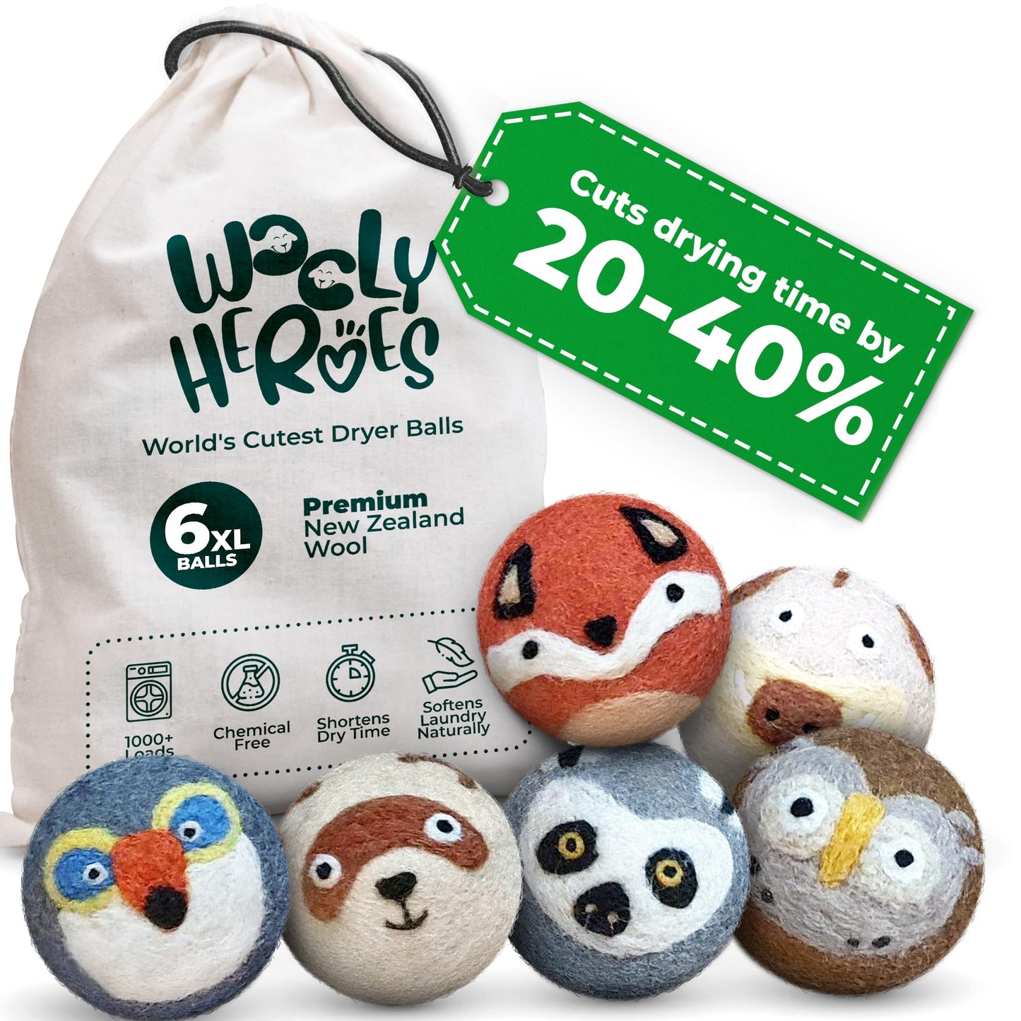 Reusable Wool Dryer Balls XL 6-Pack - Reduces Static, Cuts Dry Time, & Softens Naturally