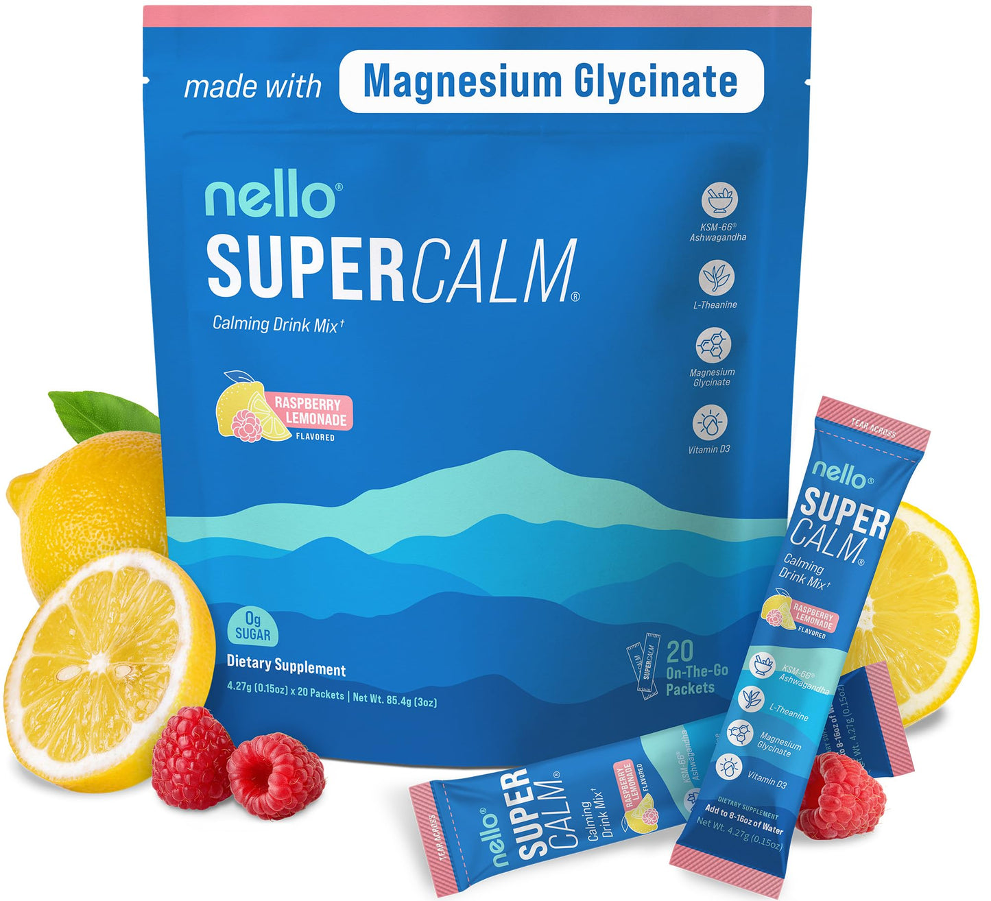 Nello Supercalm Powdered Drink Mix, Raspberry Lemonade, 20 Ct