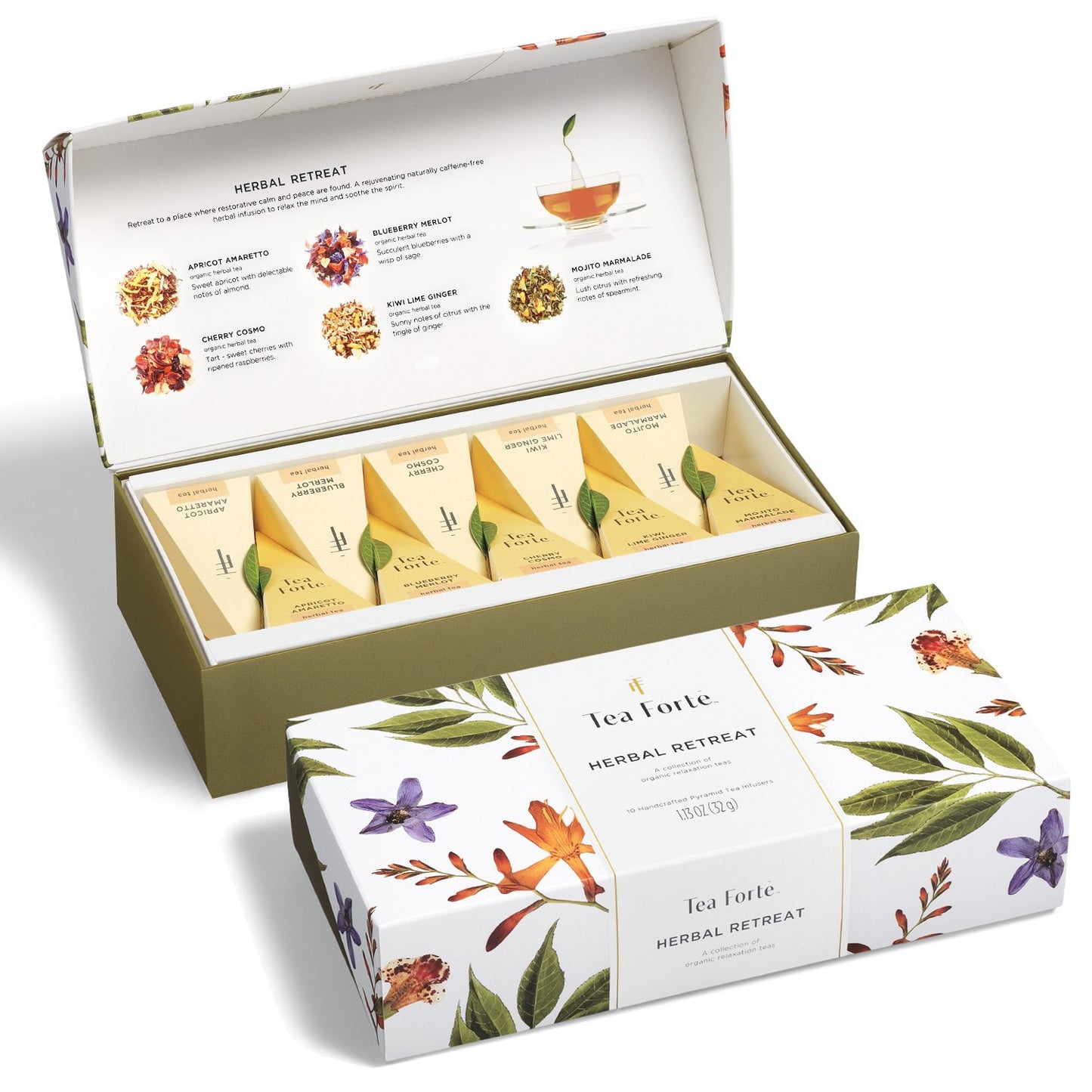 Tea Forte Herbal Retreat Organic Caffeine Free Premium Herbal Tea, 10 Handcrafted Pyramid Tea Bag Infusers