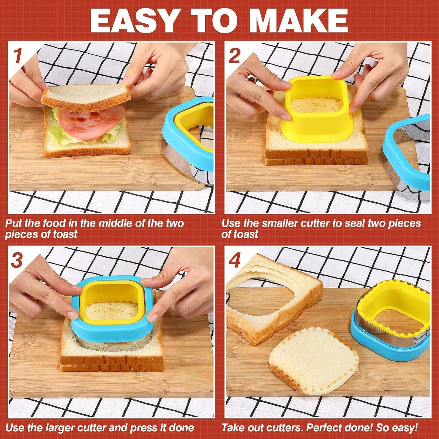 HINZER Sandwich Cutter and Sealer Set 4 Pcs Bread Decruster Sandwich Cutter