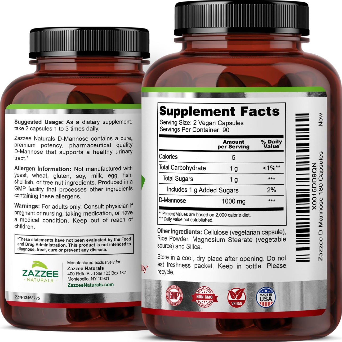 Zazzee D-Mannose, 1000 mg per Serving, 180 Vegan Capsules