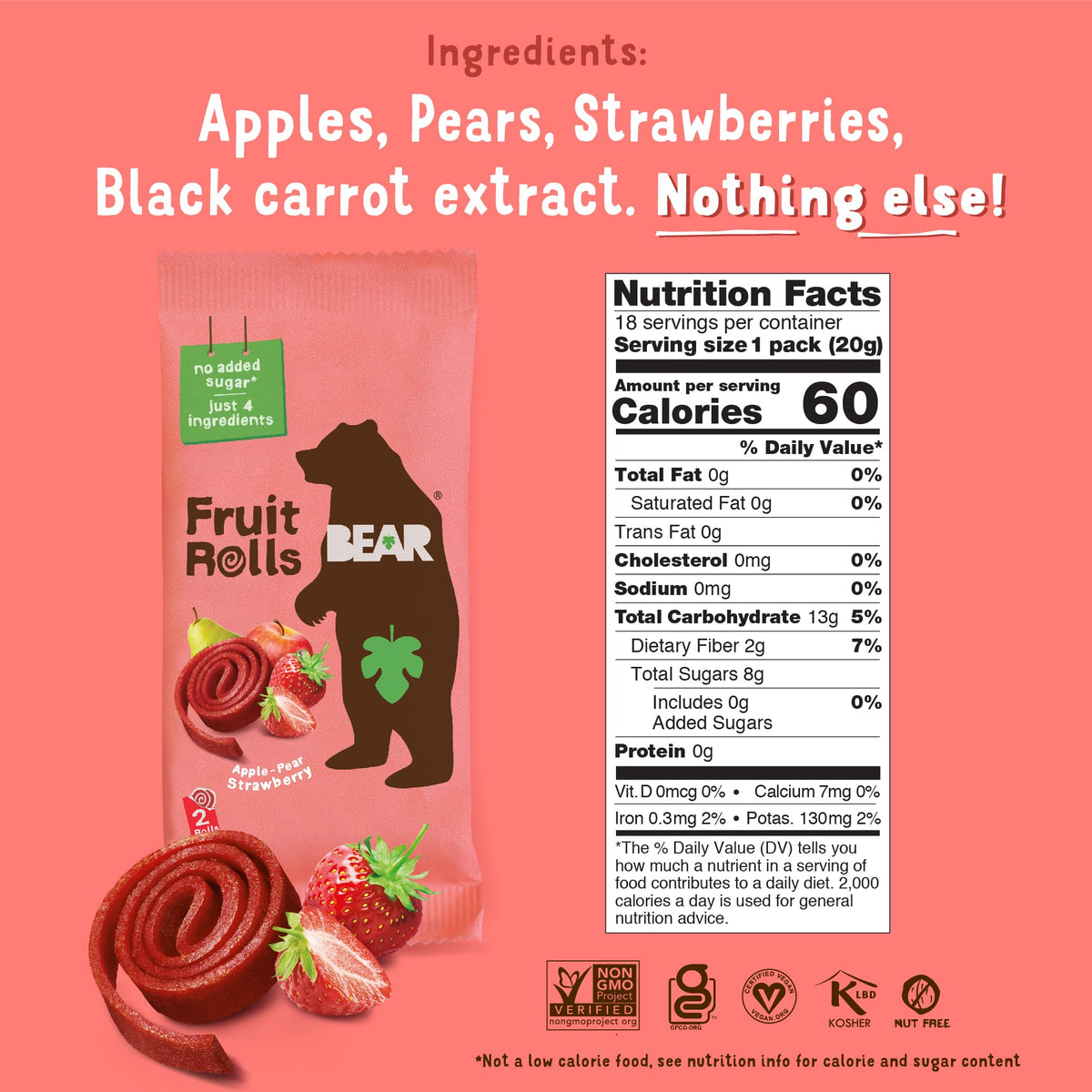 BEAR Real Fruit Snack Rolls - Gluten Free, Vegan, and Non-GMO 0.7 Ounce (Pack of 18)