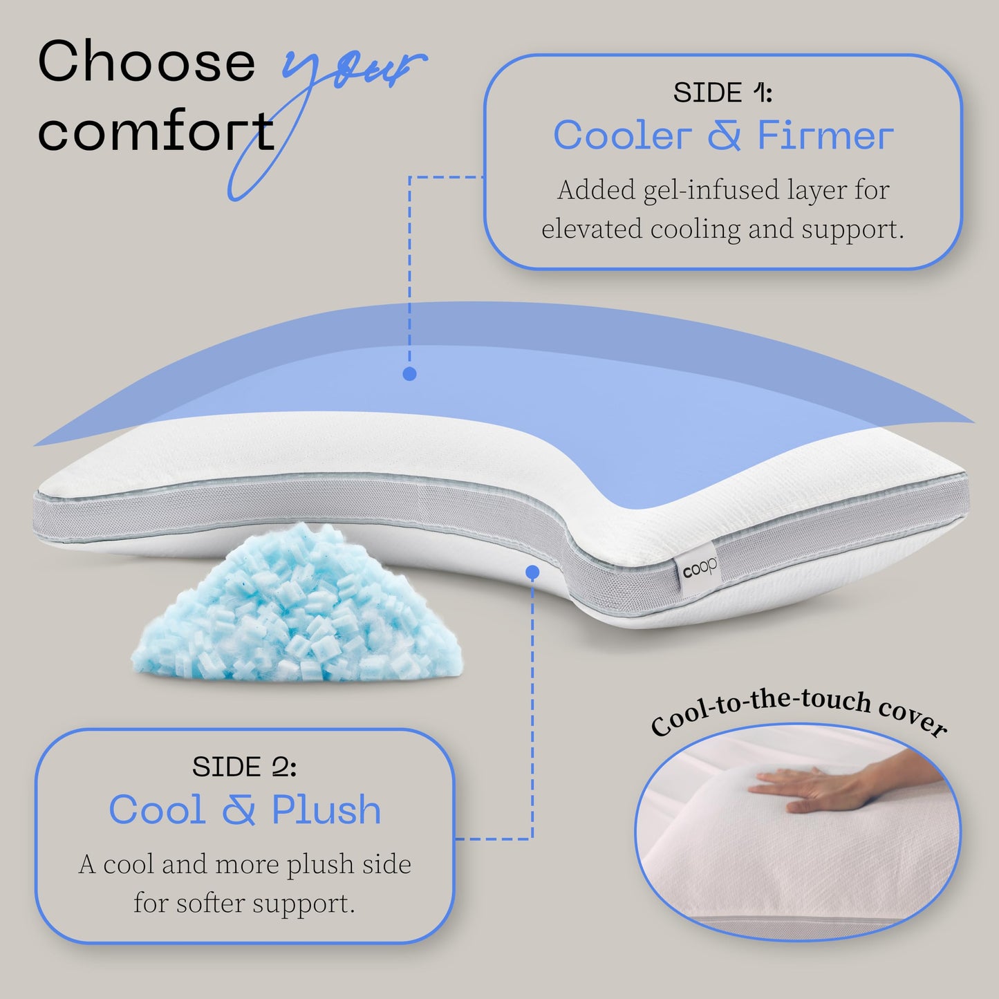 Coop Home Goods Cool+ Crescent Adjustable Pillow, Queen Size