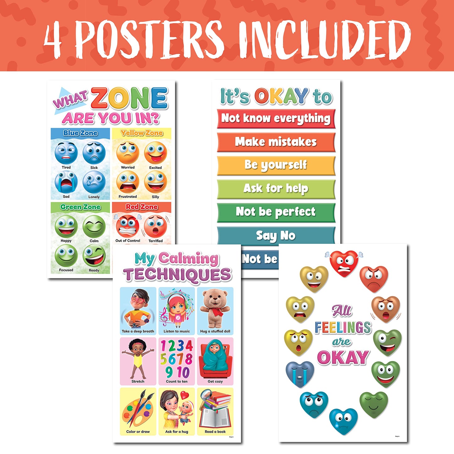 DeeDee's Workshop 4 Feelings Chart For Kids, Zones of Regulation Poster, Emotions Poster, Emotion Chart for Kids, Emotional Regulation, Set of 4 (11 x 17 inches)