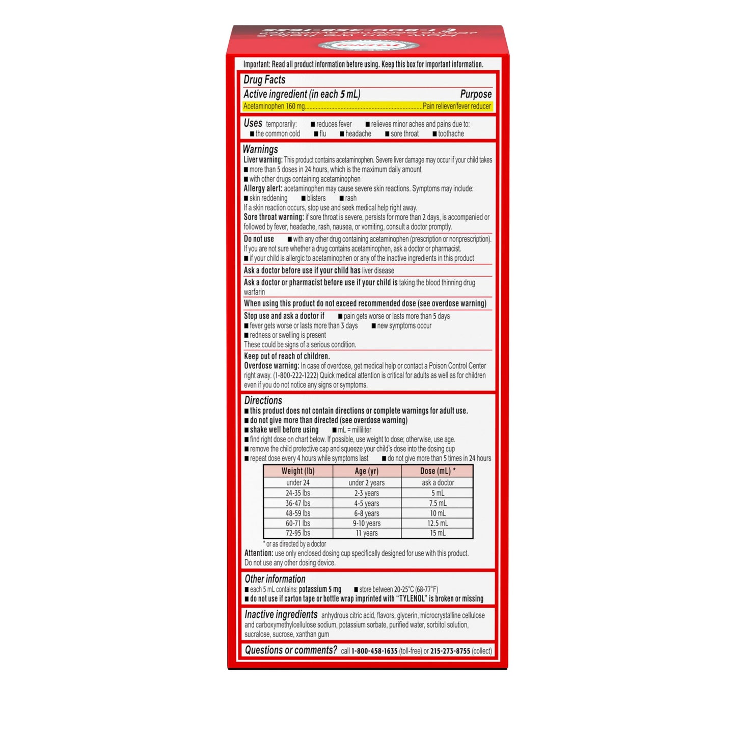 Children's Tylenol Liquid Pain Relief & Fever Medicine, Oral Suspension, Dye-Free, Acetaminophen,Cherry Flavor, 8 fl. oz