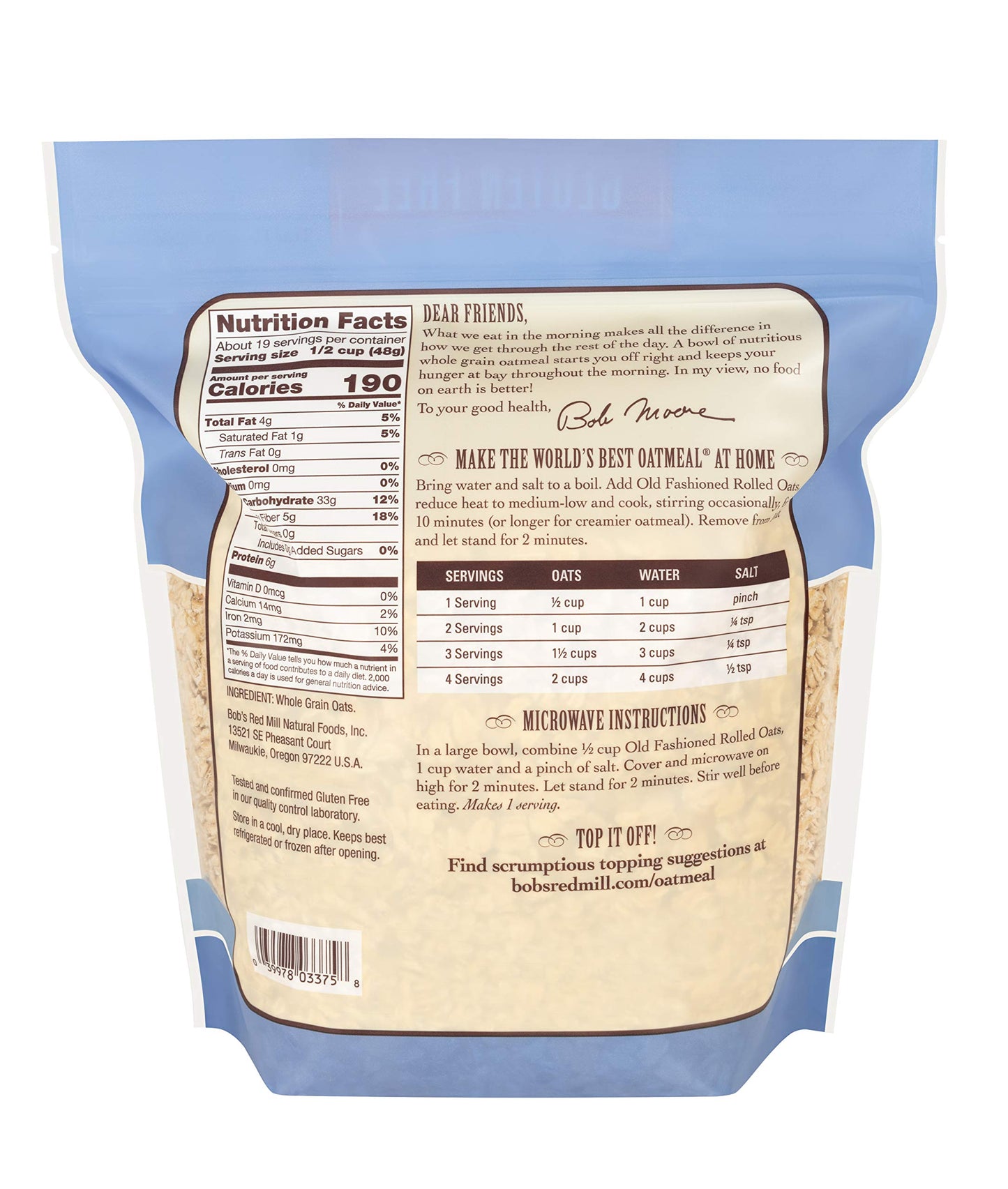 Bob's Red Mill Gluten Free Old Fashioned Rolled Oats, 32oz (Pack of 4) - Non GMO, Whole Grain, Vegan, Kosher