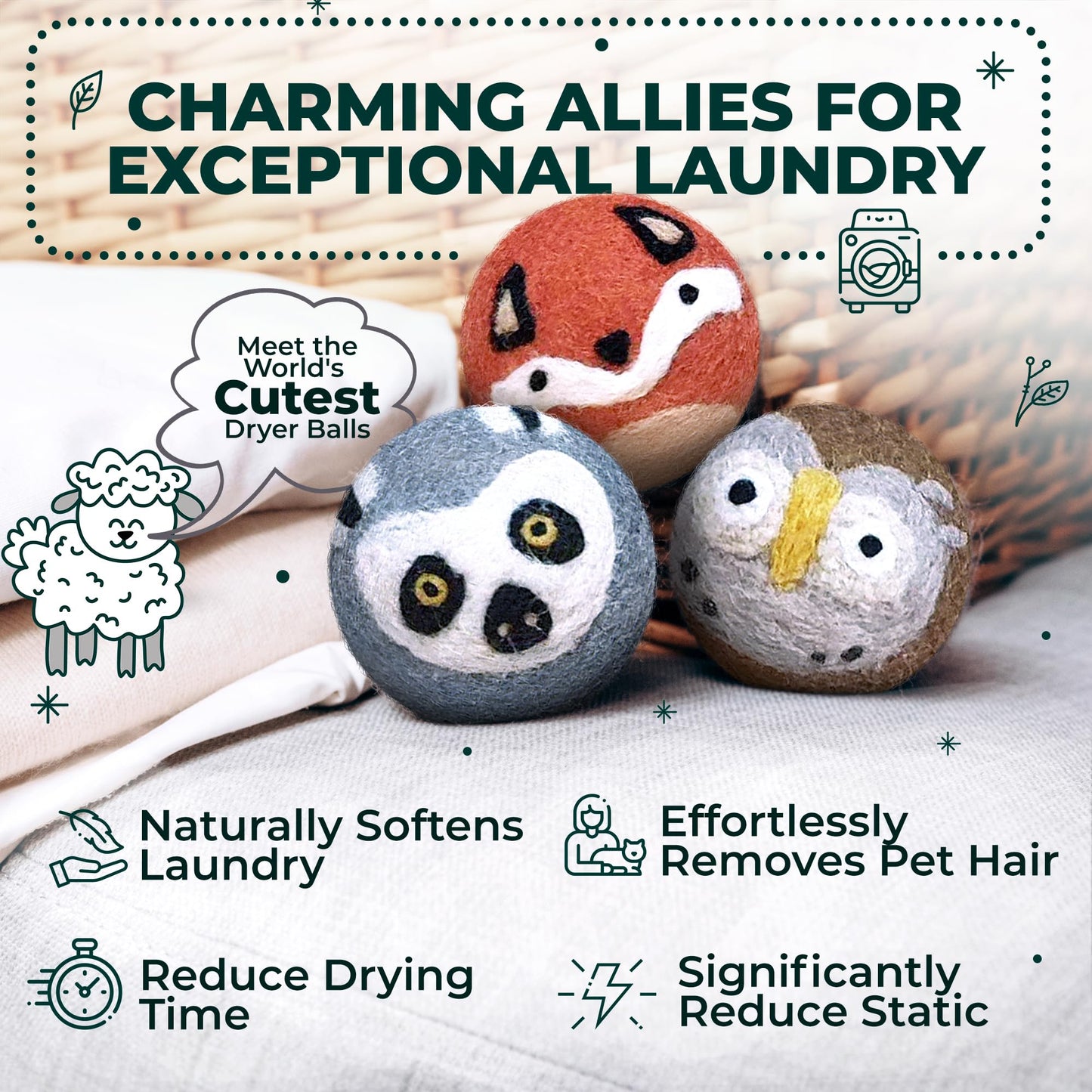 Reusable Wool Dryer Balls XL 6-Pack - Reduces Static, Cuts Dry Time, & Softens Naturally