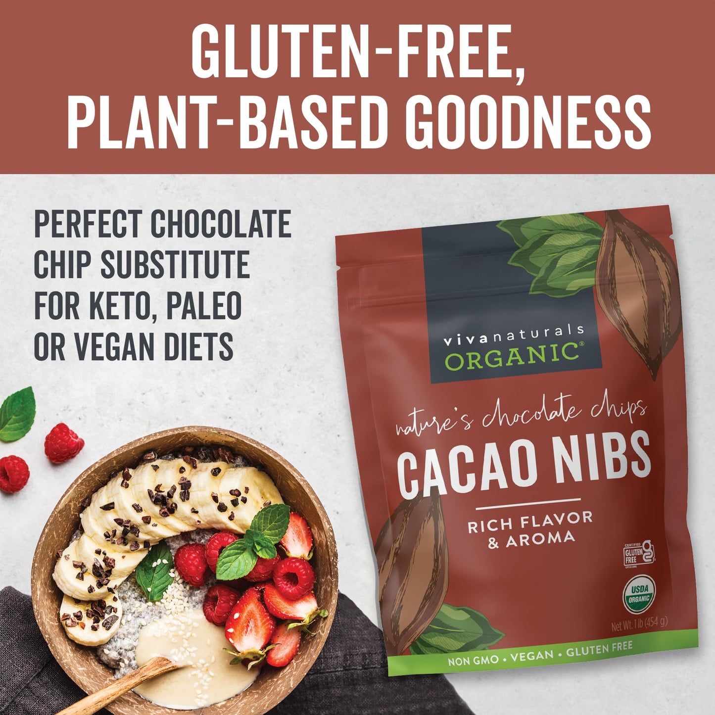 Viva Naturals Organic Cacao Nibs, 1 Lb - Certified Keto and Vegan Superfood