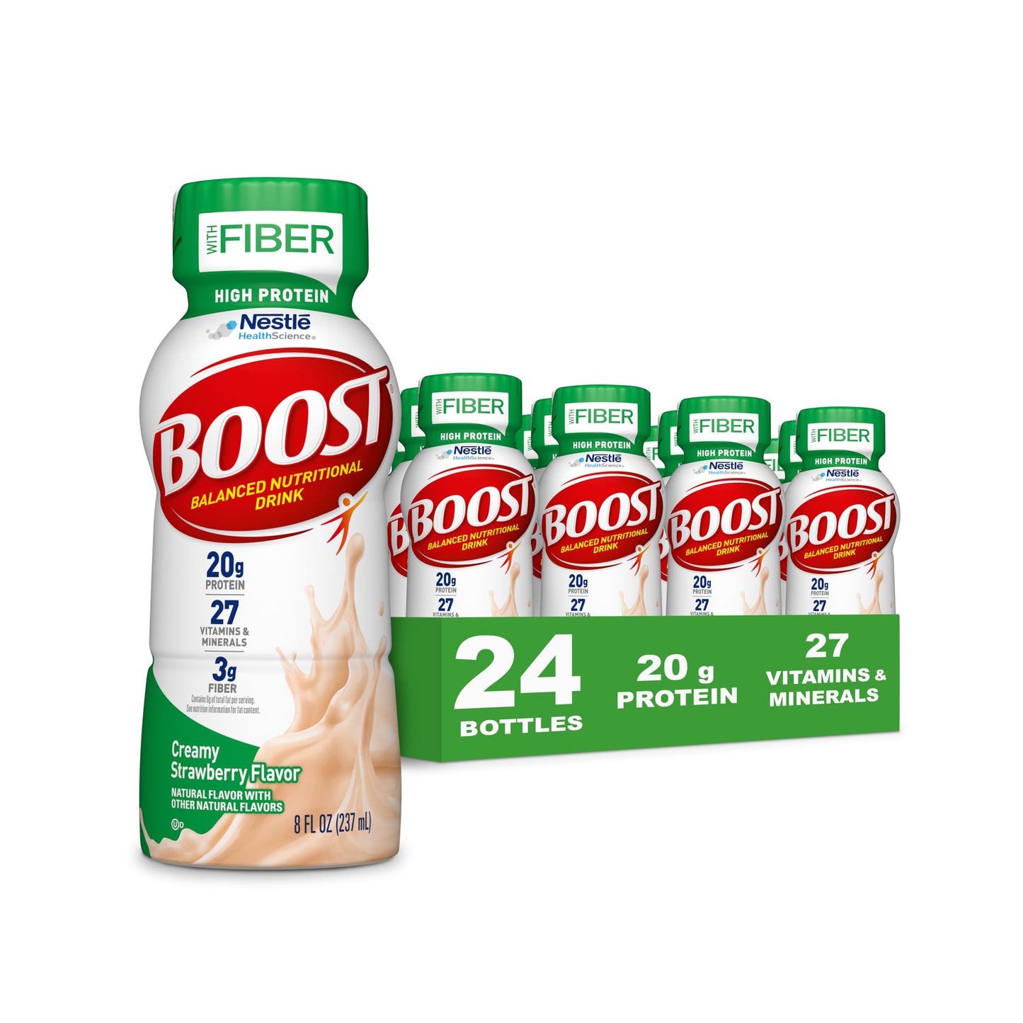 BOOST High Protein with Fiber Complete Nutritional Drink, Creamy Strawberry, 8 fl oz Bottle, 24 Pack