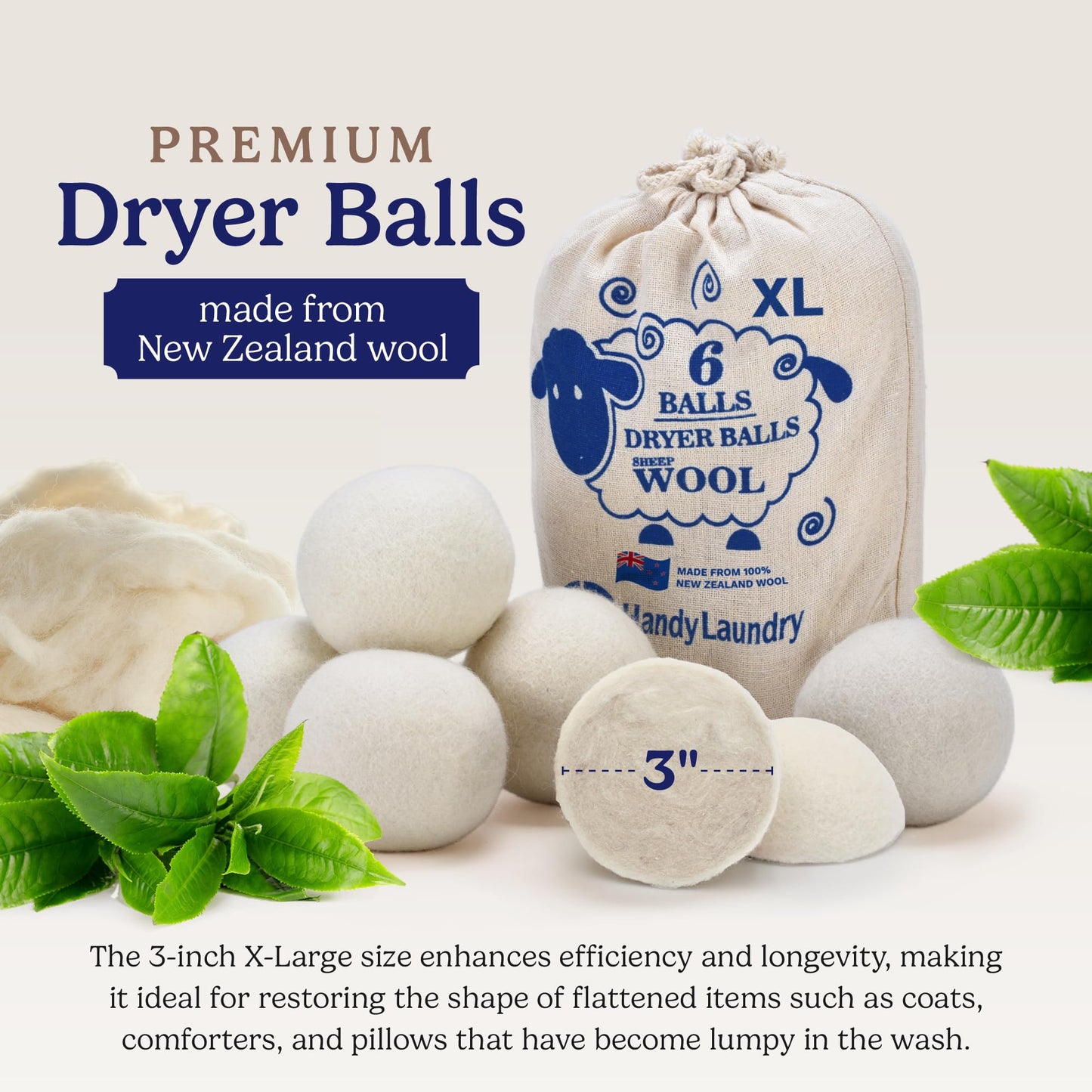 Handy Laundry Wool Dryer Balls - Natural Fabric Softener (Pack of 6)