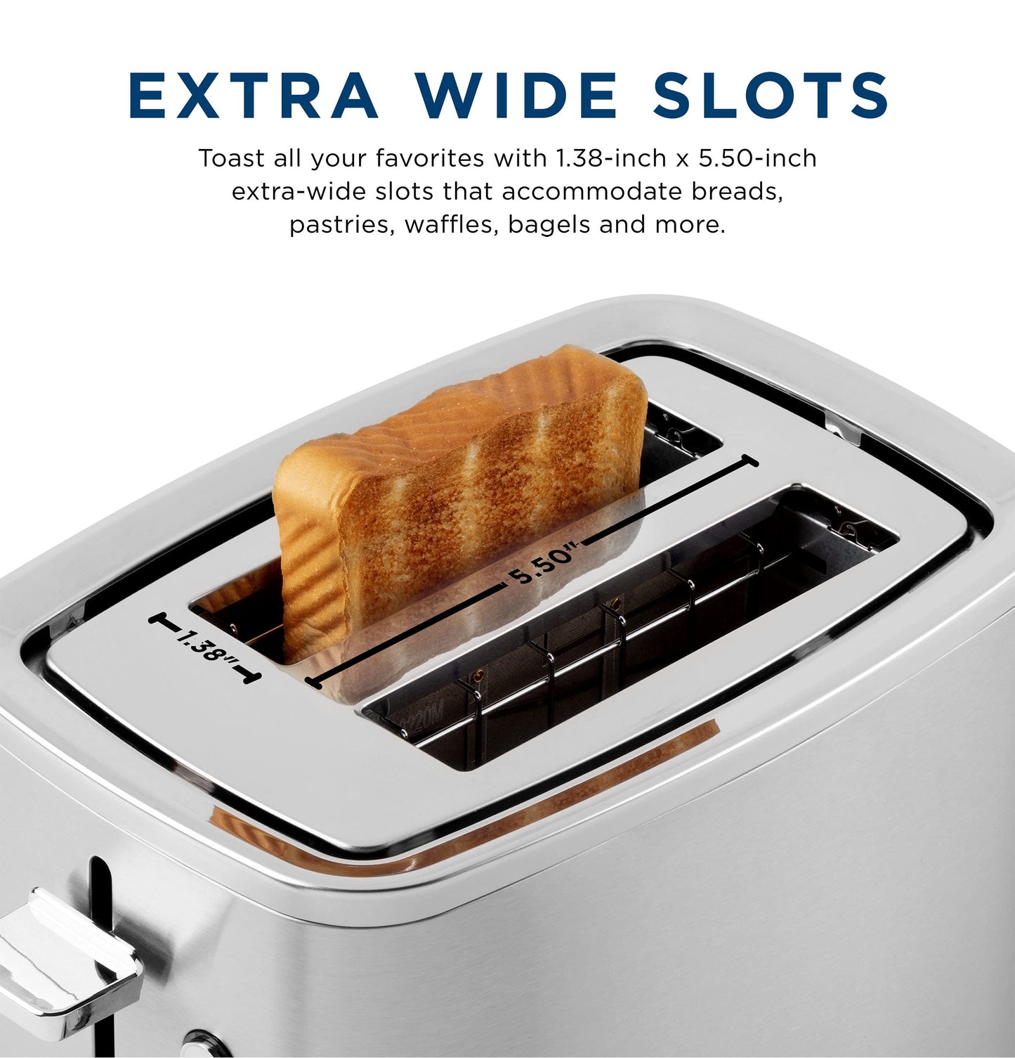 GE 2 Slice Stainless Steel Toaster, Extra Wide Slots for Toasting Bagels, Breads, Waffles