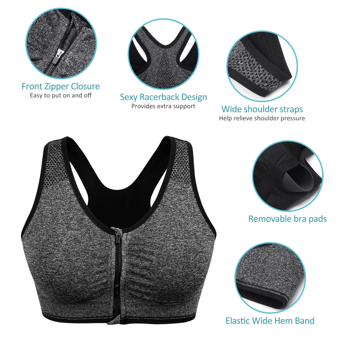 Women's Zip Front Sports Bra Wireless Post-Surgery Bra