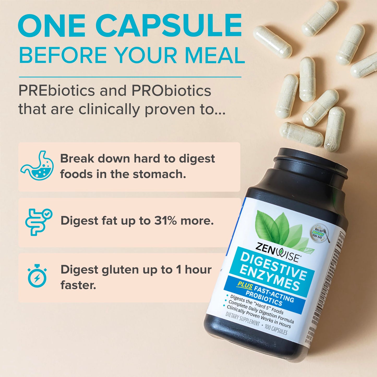 Zenwise Health Digestive Enzymes and Bromelain for Gut Health, 100 CT