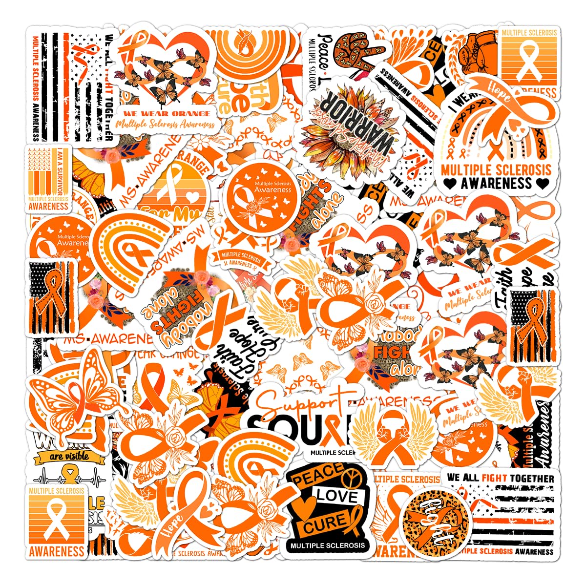 50 Pack Pcs Multiple Sclerosis Awareness Orange Ribbon Stickers for Water Bottles Waterproof Small Decals