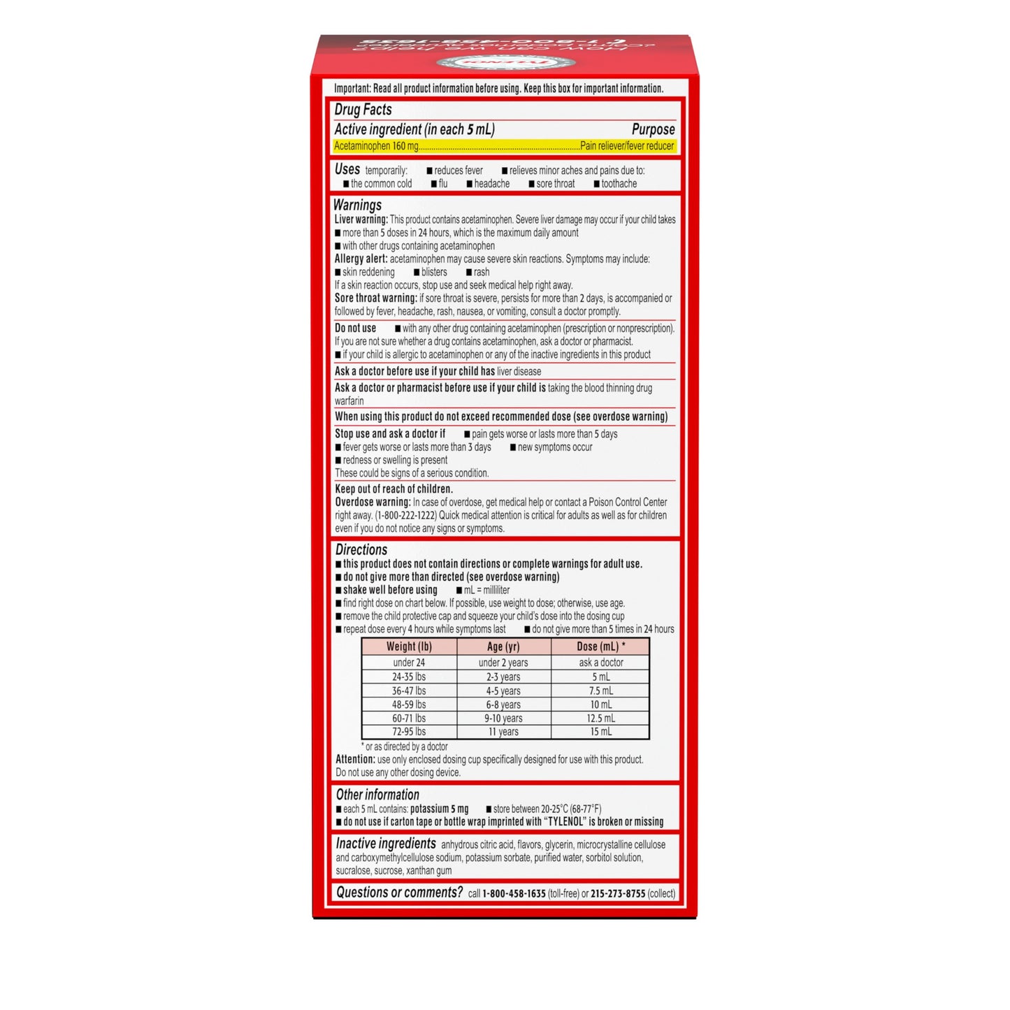 Children's Tylenol Liquid Pain Relief & Fever Medicine, Oral Suspension, Dye-Free, Acetaminophen,Cherry Flavor, 8 fl. oz