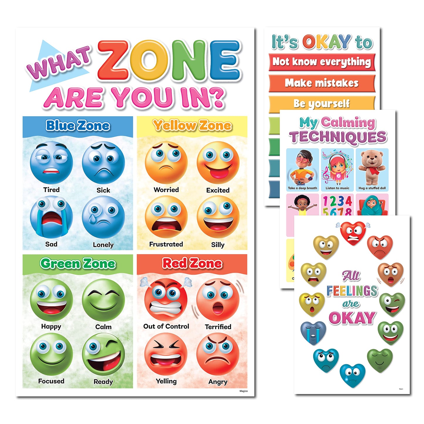DeeDee's Workshop 4 Feelings Chart For Kids, Zones of Regulation Poster, Emotions Poster, Emotion Chart for Kids, Emotional Regulation, Set of 4 (11 x 17 inches)