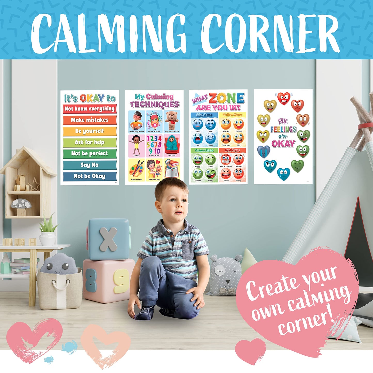 DeeDee's Workshop 4 Feelings Chart For Kids, Zones of Regulation Poster, Emotions Poster, Emotion Chart for Kids, Emotional Regulation, Set of 4 (11 x 17 inches)