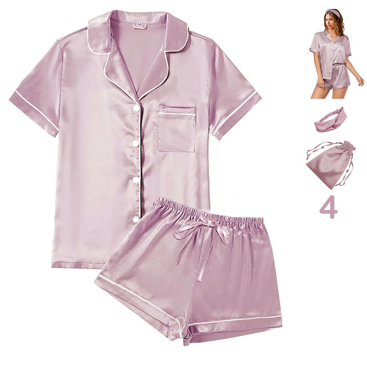 4Pcs Womens Satin Silky Pajama Sets Short Sleeve Shirt