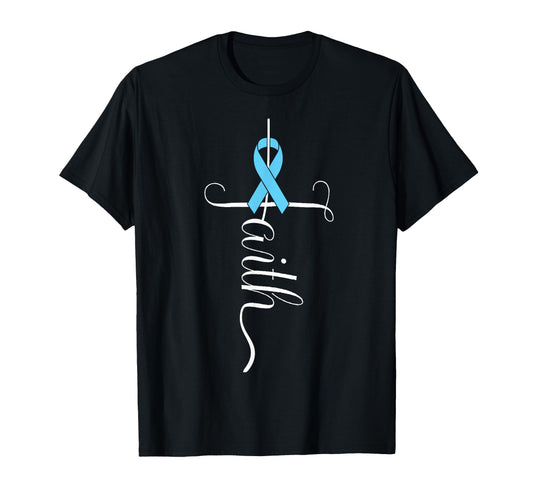 Prostate Cancer Awareness Light Blue Ribbon Faith Survivor T-Shirt