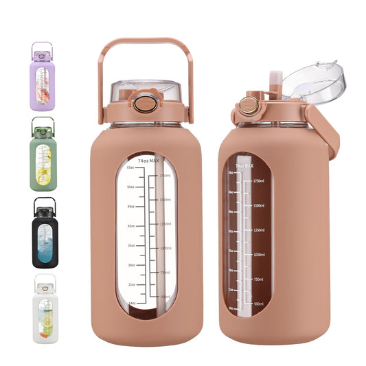 74 oz Glass Water Motivational Bottle with Straw & Time Marker 2.2L
