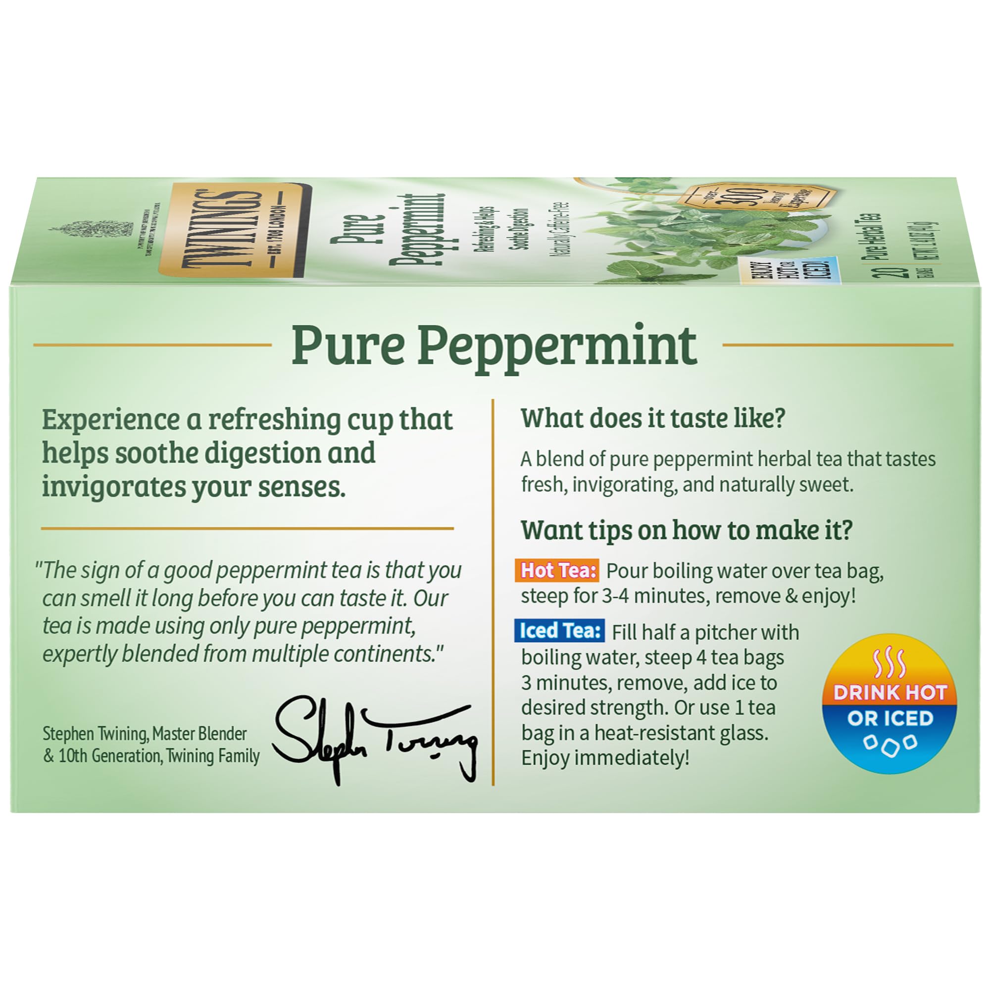 Twinings Pure Peppermint Herbal Tea Individually Wrapped Bags, 20 Count