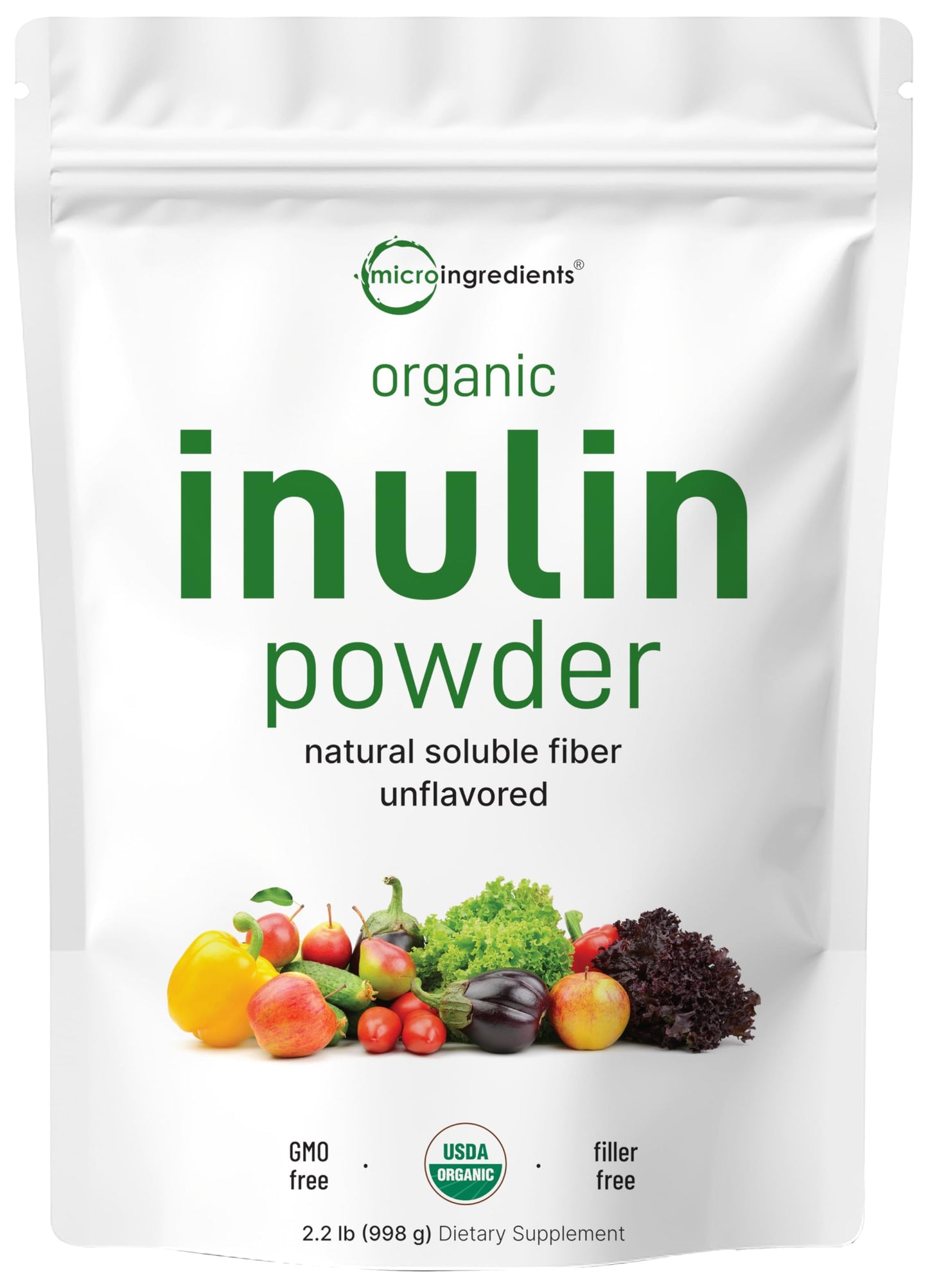 Micro Ingredients Organic Inulin FOS Fiber Powder, 2.2 lb | Quick Water-Soluble Prebiotic for Intestinal & Colon Health | Natural Fiber for Smoothies & Drinks | Vegan Friendly