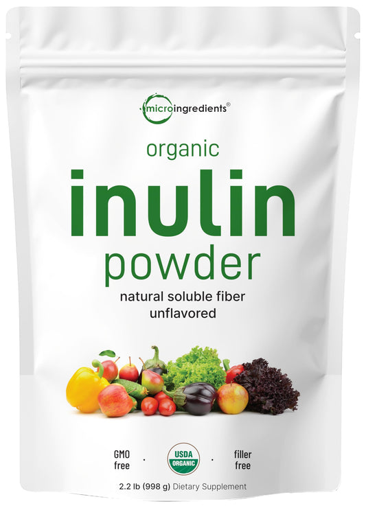 Micro Ingredients Organic Inulin FOS Fiber Powder, 2.2 lb | Quick Water-Soluble Prebiotic for Intestinal & Colon Health | Natural Fiber for Smoothies & Drinks | Vegan Friendly