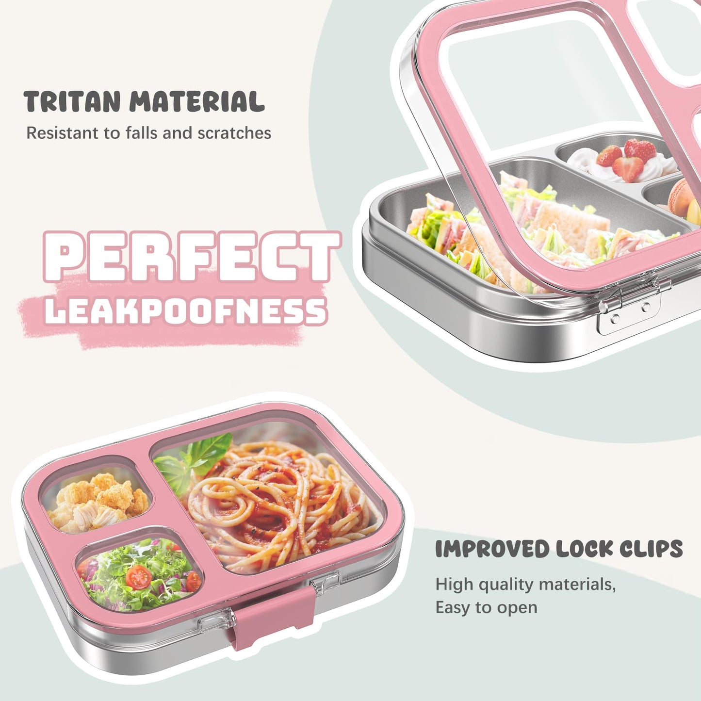LOHASOK Kids Stainless Steel Bento Box with Silicone Lid Leak-proof Toddlers Lunch Container 3 Compartments Dishwasher Safe Pink