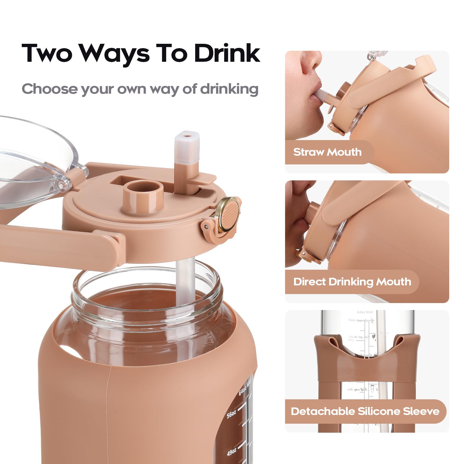 74 oz Glass Water Motivational Bottle with Straw & Time Marker 2.2L
