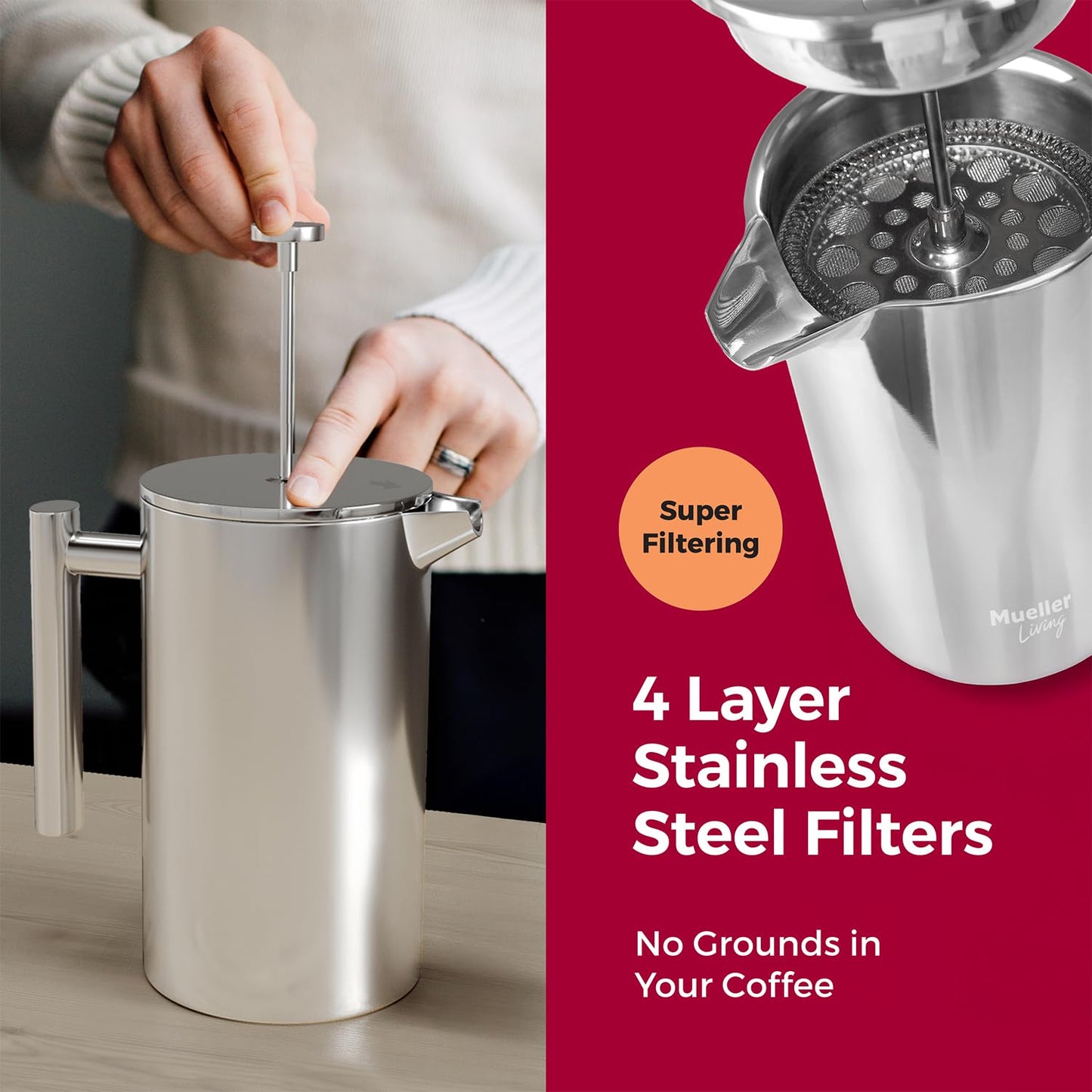 MuellerLiving French Press Coffee Maker 34oz, All Stainless Steel