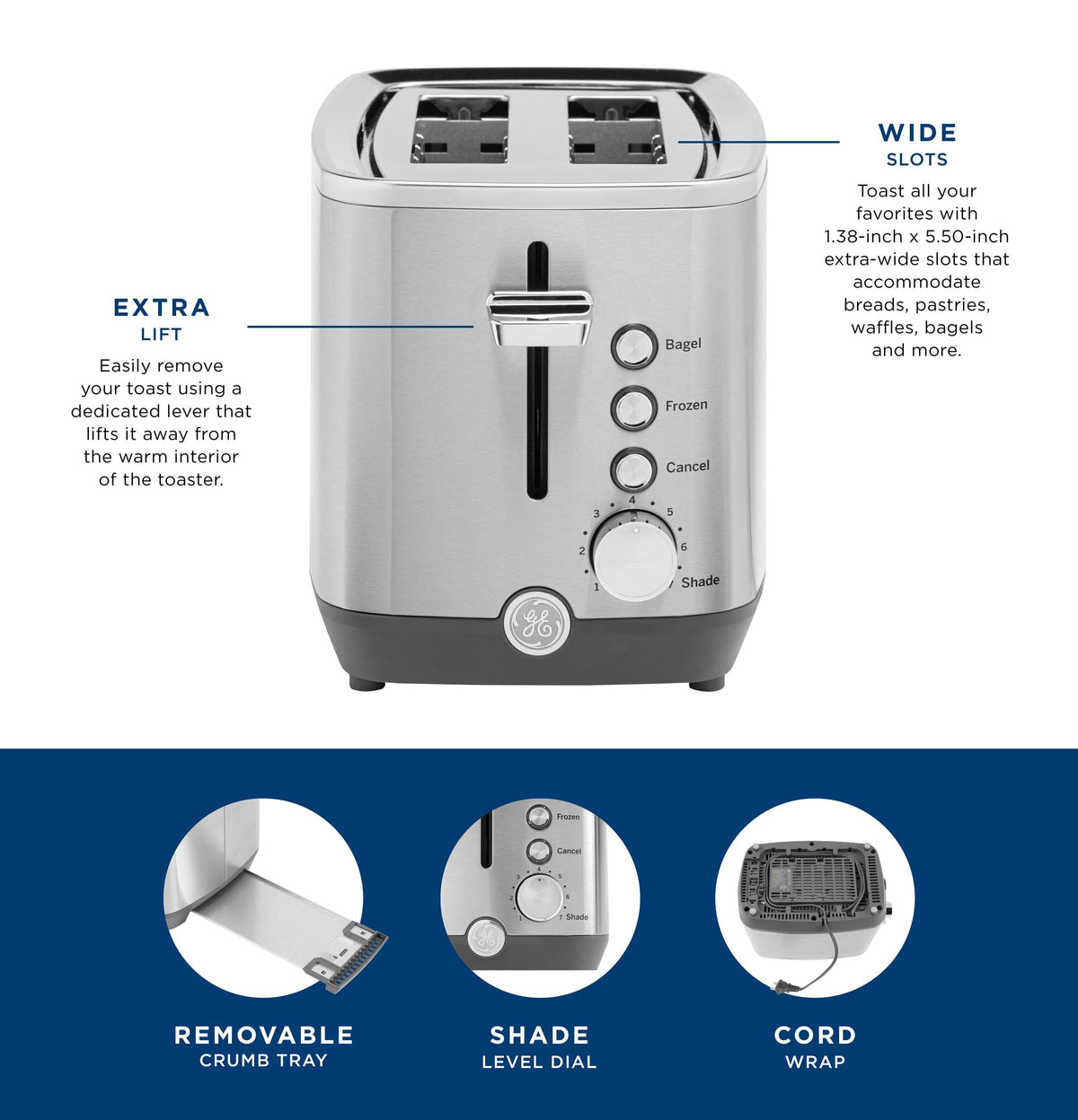 GE 2 Slice Stainless Steel Toaster, Extra Wide Slots for Toasting Bagels, Breads, Waffles