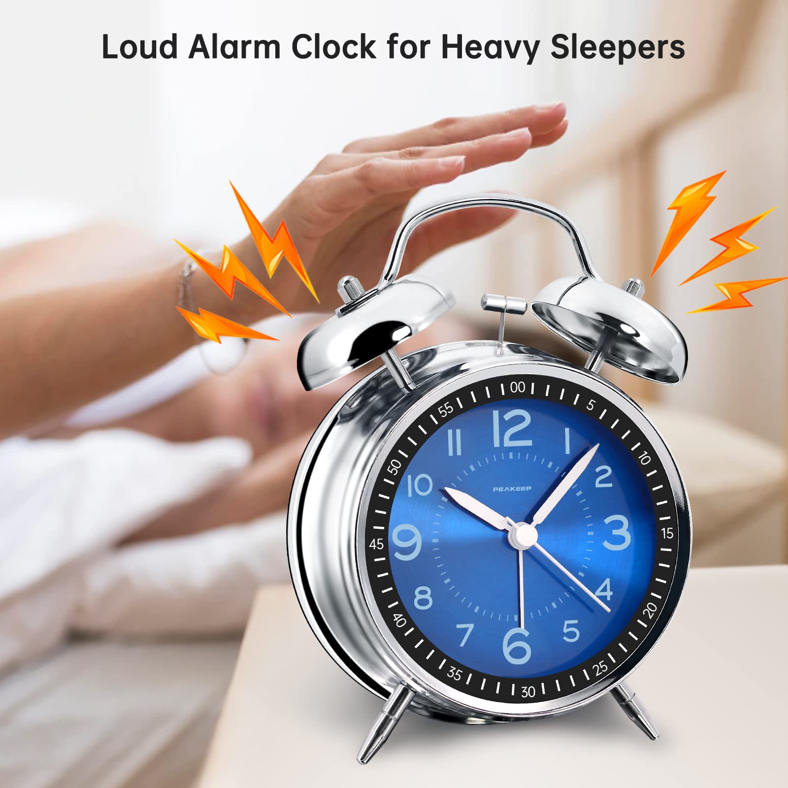 Peakeep Loud Alarm Clock for Heavy Sleepers Adults, Metal 4.5 Inches