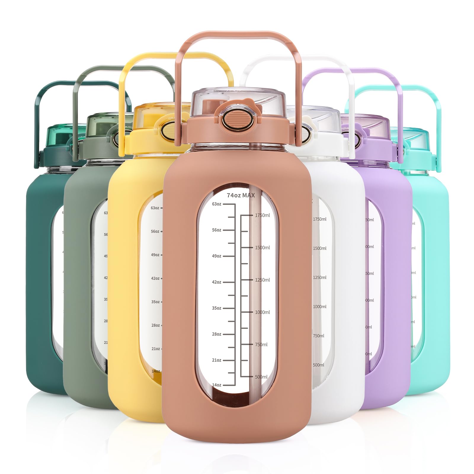 74 oz Glass Water Motivational Bottle with Straw & Time Marker 2.2L